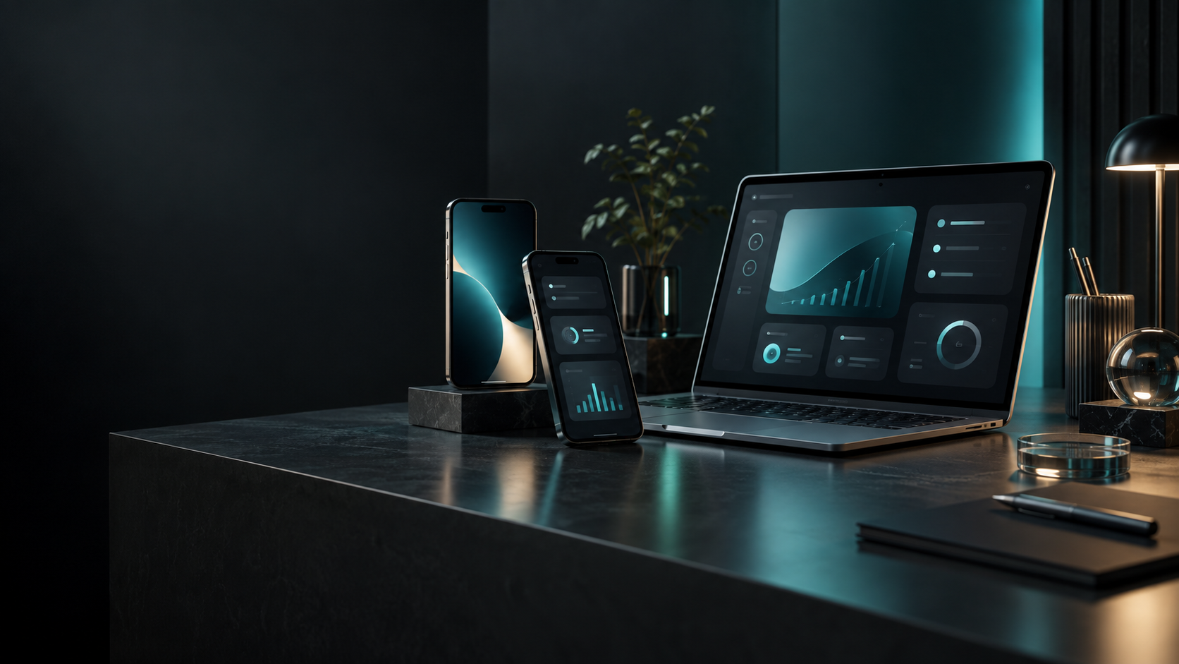 A dark studio workspace with generic mobile devices and analytics screens